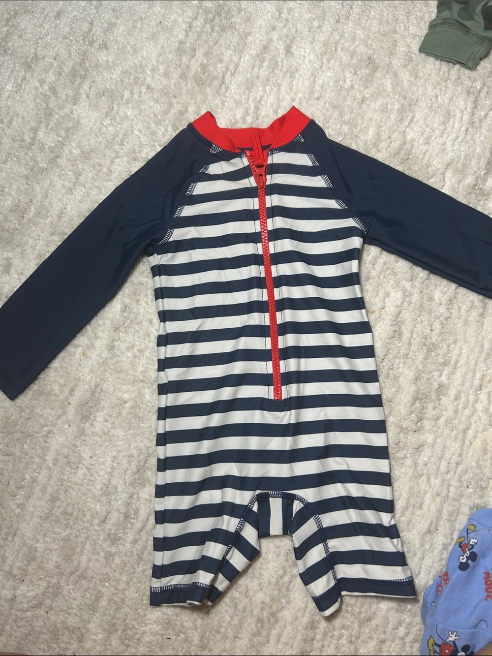 Kids Navy & White Stripe Long-Sleeve Swim Suit with Red Trim